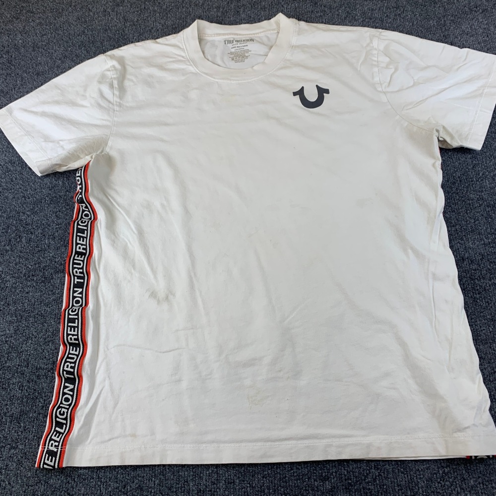 True Religion Mens White Side Logo Tape Horseshoe Graphic T-Shirt 2XL